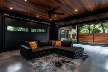 Garage space conversion is captured in a realistic photo of a garage transformed into a home office or living space, complete with modern amenities