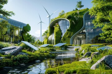 Fototapeta premium A futuristic eco-friendly power plant surrounded by greenery, solar panels, and wind turbines. The building is covered in plants and blends seamlessly with the natural environment.