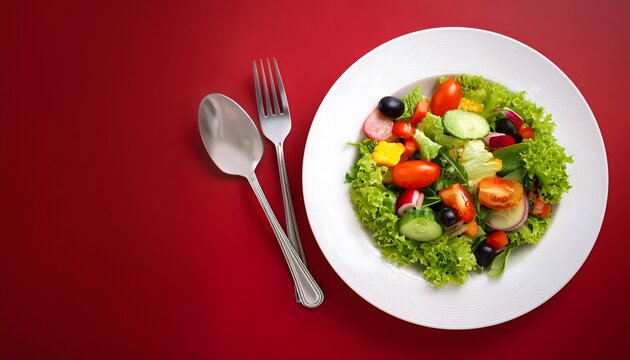 Top view a white plate Special delicious various kinds of vegetable healthy salad  on the red abstract background. Copy Space, World Food Day concepts