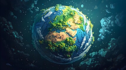 Naklejka premium Digital Pixel Art Earth Globe with Blocky Continents and Oceans in Retro Gaming Style