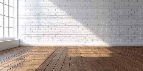 3D rendering of an empty room featuring a brown wood laminate floor and a white mortar wall backdrop