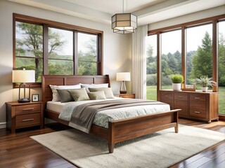 Fototapeta premium Sophisticated bedroom designed with modern brown wood furniture, large windows allowing natural light to pour in, and