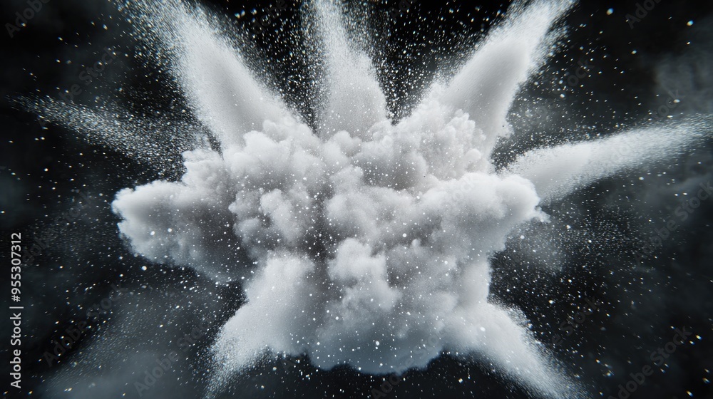 Poster freeze motion of a white dust explosion rendered in 3d cartoon style on a dark background stopping t