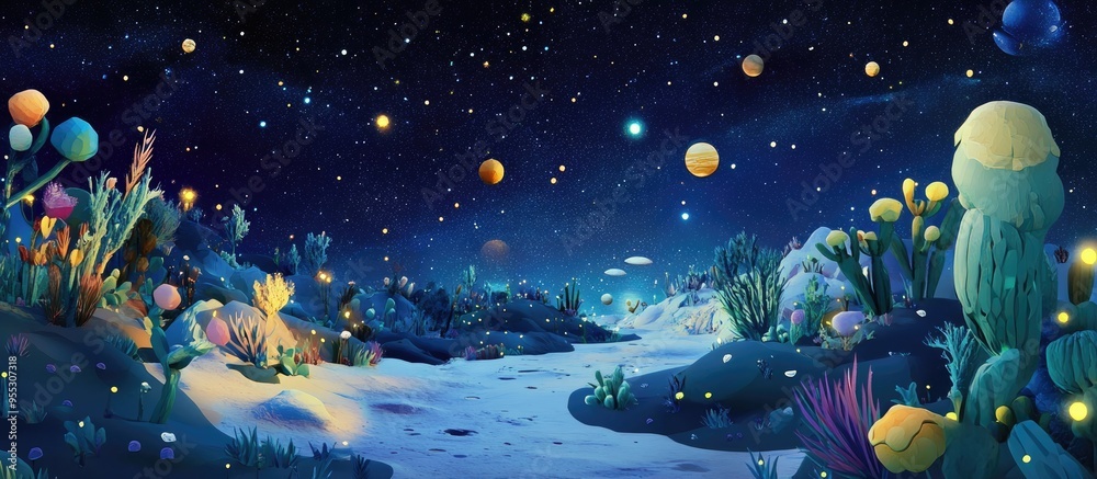Aufkleber beautiful night sky in a 3d cartoon rendering featuring stars and a collage of space science and edu