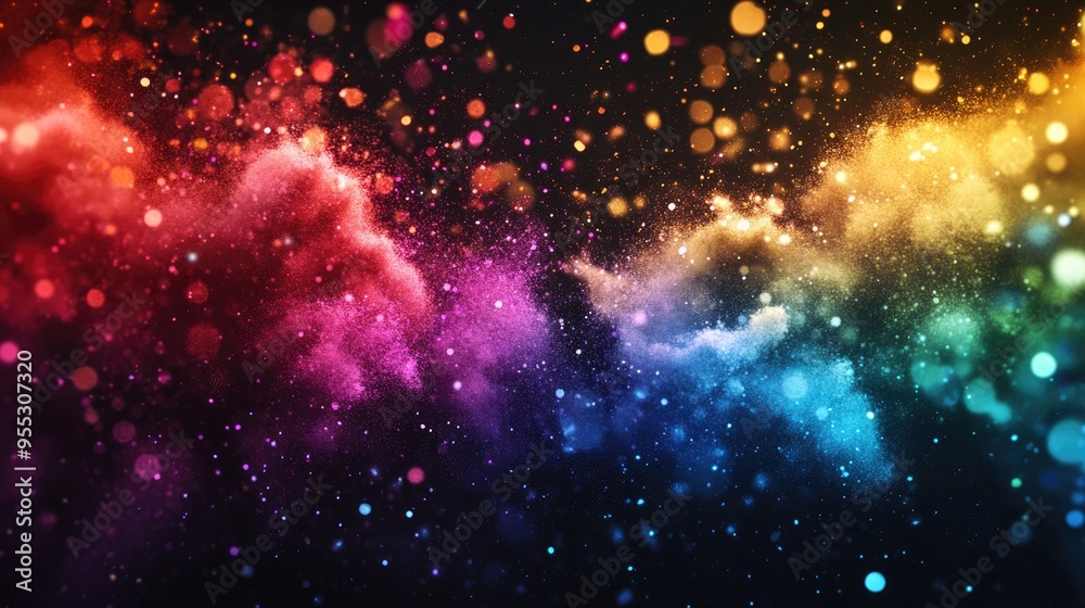 Poster Abstract powder splattered background in a 3D cartoon rendering showcasing the freeze motion of exploding color powder and color glitter texture against a black backdrop