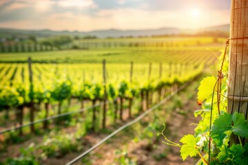 Golden hour over lush vineyard landscape