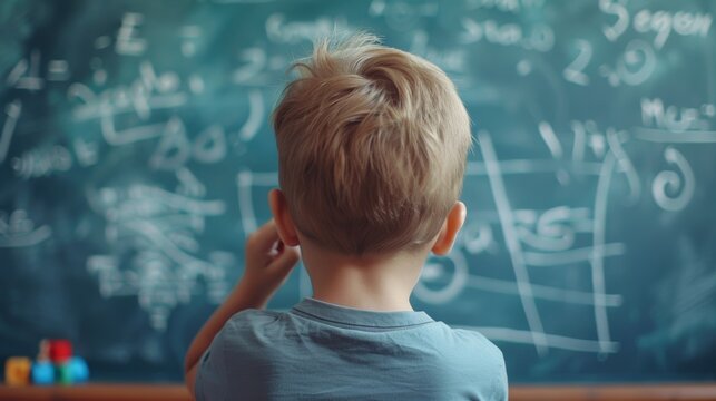 Young student pondering math problem on chalkboard