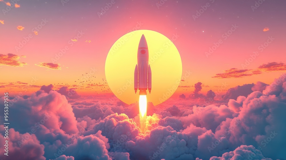 Fototapete 3d cartoon illustration of a space rocket at sunset prior to launching into the cosmos rockets and s