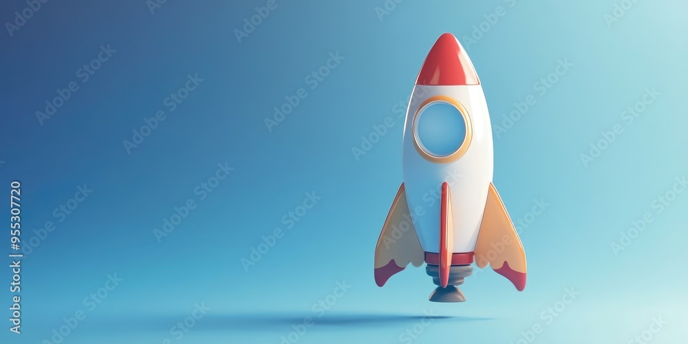 Poster illustration of an isolated rocket with an icon in a 3d cartoon rendering