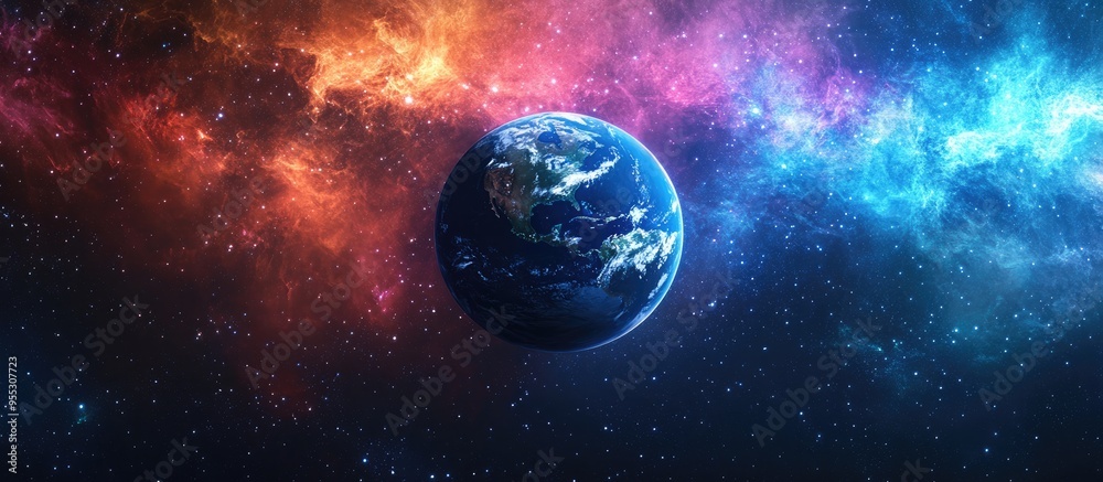 Poster planet earth in a 3d cartoon rendering set against a backdrop of cosmic stars