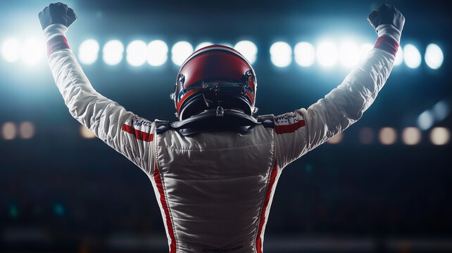 A victorious racing driver raises his arms triumphantly with bright stadium lights illuminating the background, capturing the emotion of winning the race. Ai generated