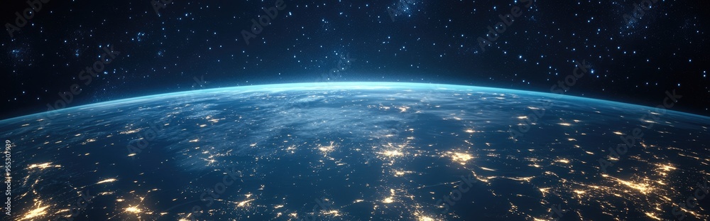 Aufkleber cargo spaceship in orbit around earth featuring city lights and space in the background rendered in 