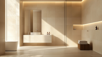 A well-lit, neutral-toned bathroom showcasing a contemporary design. Features include a white vanity, clean lines, and subtle textures on the walls and floor. Ai generated