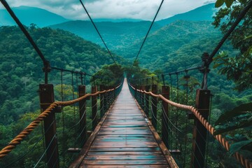 Obraz premium Misty Mountain Suspension Bridge Amidst Lush Forest