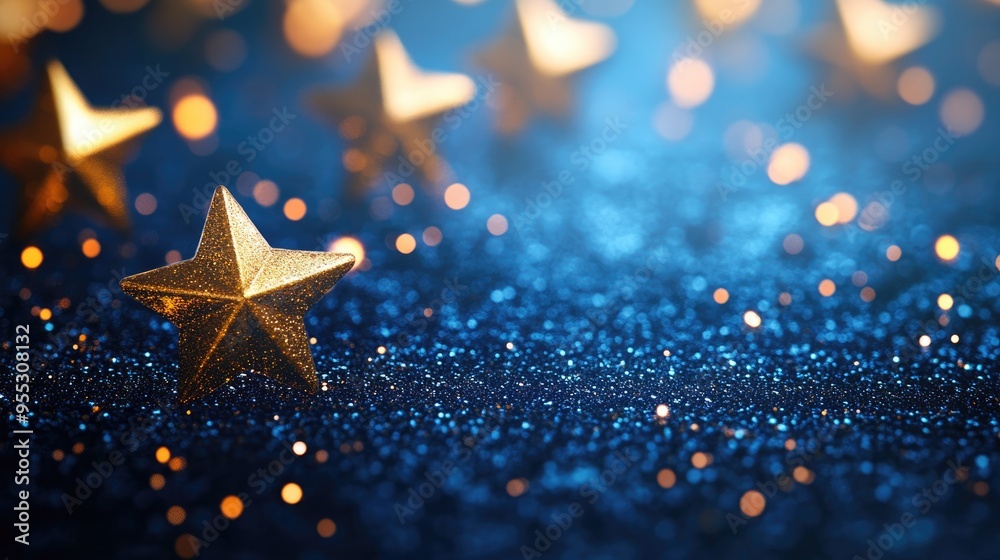 Aufkleber Glitter star background design template featuring shiny decorative stars on a blue backdrop in 3D cartoon style with copy space