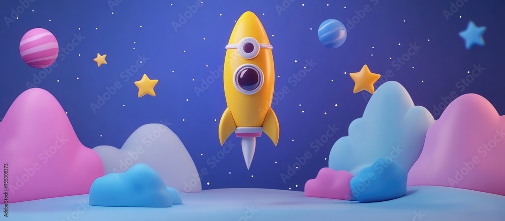 Poster space exploration theme featuring a rocket and star illustrations in 3d cartoon rendering