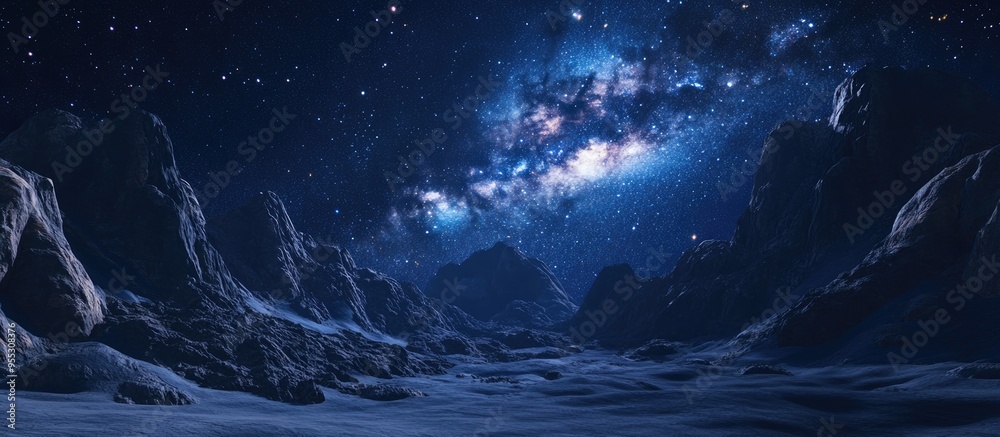 Poster 3d cartoon rendering of a mountain night landscape featuring a milky way galaxy background with long