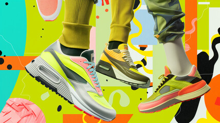 moodboard, featuring shoes, graphic design elements, shapes and colors in yellow, green, grey, black, white, blue, pink and orange, for men, with a lime green background