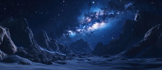 Fototapeta premium 3D cartoon rendering of a mountain night landscape featuring a Milky Way galaxy background with long exposure and low light effects