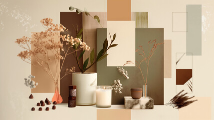 moodboard with a color palette of dark brown, white and light beige. The mood board is for a candle company.