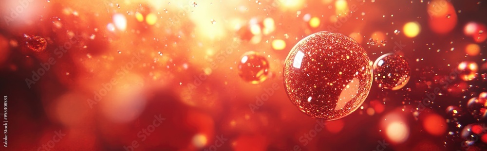 Poster Red blurred glowing circles in a 3D cartoon rendering An abstract illustration featuring shiny lights and blurred neon round objects creating a background with gleaming flares