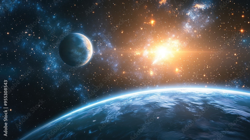 Poster stars of a planet and galaxy in a free space depicted in a 3d cartoon rendering