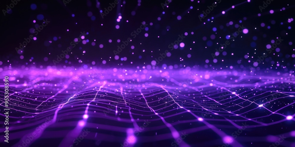 Poster Abstract ultraviolet landscape showcased in a 3D cartoon rendering featuring a dark background with a purple cyberspace grid and hi tech network elements The composition highlights a violet starry