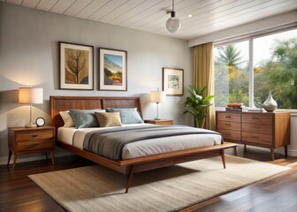 Sophisticated retreat features a walnut bed, dresser, and nightstands from the 1950s, complemented by bold, graphic