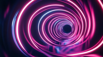 A captivating swirling vortex of vibrant neon lights flows through a dark space, creating a mesmerizing abstract effect