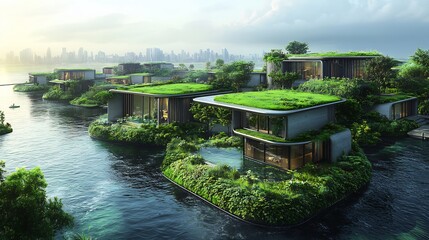 Illustration of aerial view of a futuristic utopian city featuring green rooftops renewable energy sources and waterways