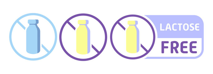 Lactose free label. Diet, drop, fermented milk product, lactase enzyme, intolerance, indigestion, digestive problem disorder, congenital, acquired, intestines, stomach, alternative, crossed out bottle