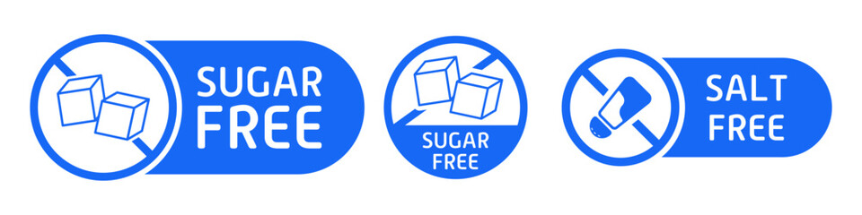 Sugar and salt free labels. Diet, sticker, sweetener, substitute, healthy eating, digestive problems, stomach, intestines, disorder, indigestion, diabetes, fructose, acquired, congenital, alternative