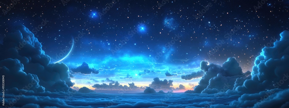 Poster night blue sky long exposure view with stars and mixed clouds in a 3d cartoon rendering