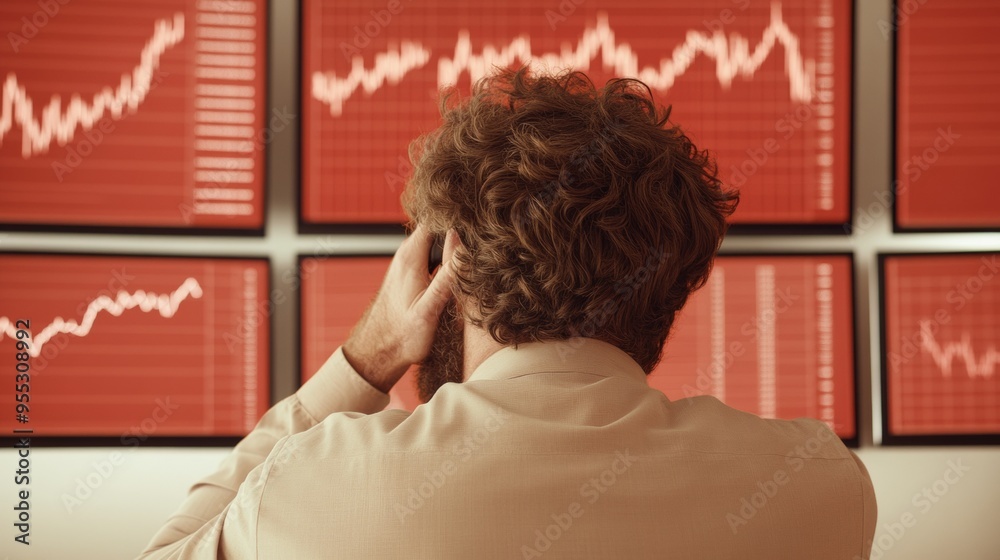 Aufkleber young male stock trader in office during market crash, stressful morning with red graphs and colleag