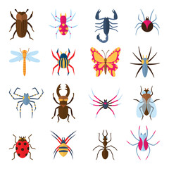 Flat insects. Spiders butterfly bugs fly dragonfly scorpio ladybug icons. Vibrant dangerous insects, seasonal scary animals, neoteric vector collection