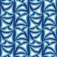 Fantasy geometric seamless pattern in sea style. Blue white triangles sharp elements on dark blue background. Stylized wave in nature colors. Medieval design for wallpaper, textile, etc.