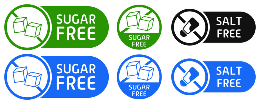Sugar and salt free labels. Diet, sticker, sweetener, substitute, healthy eating, digestive problems, stomach, intestines, disorder, indigestion, diabetes, fructose, acquired, congenital, alternative