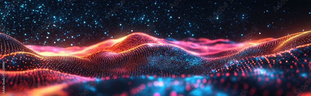 Poster 3D illustration of an abstract landscape featuring a dark background starry outer space texture and a cyberspace grid in a hi tech network