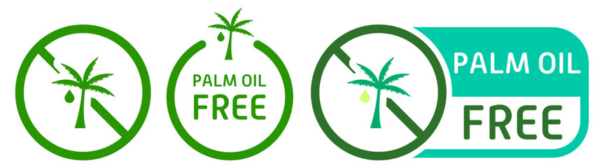 Palm oil free label. Low fat diet, tag, sticker, healthy lifestyle, atherosclerosis prevention, cholesterol plaques, trans fat, healthcare, indigestion, disorder, intestines, stomach, alternative