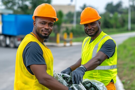 Garbage waste management implementation is captured in a realistic photo of workers executing a well-organized waste collection process