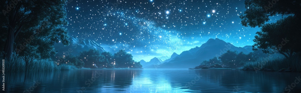 Poster the stars above the river in a 3d cartoon rendering