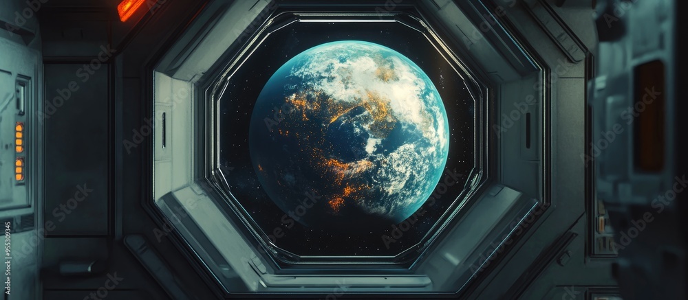Poster Rendering of Earth planet in a window of a space station in 3D cartoon style