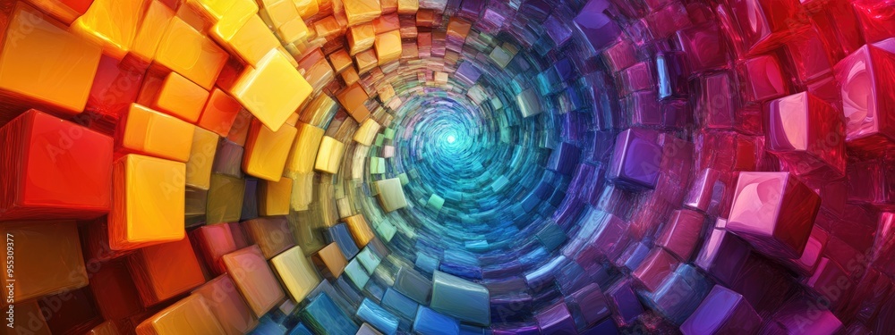 Poster Background featuring a spiral of multi colored swirling shapes that twist towards the center created with 3D cartoon rendering of diverse colored cubes and squares enhanced by motion blur to form