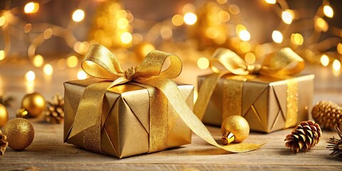 Christmas presents with gold ribbon on the table with shallow depth of field