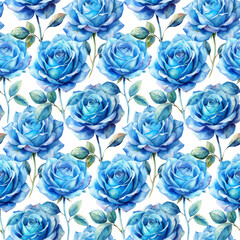 Blue watercolor rose on white background - seamless pattern