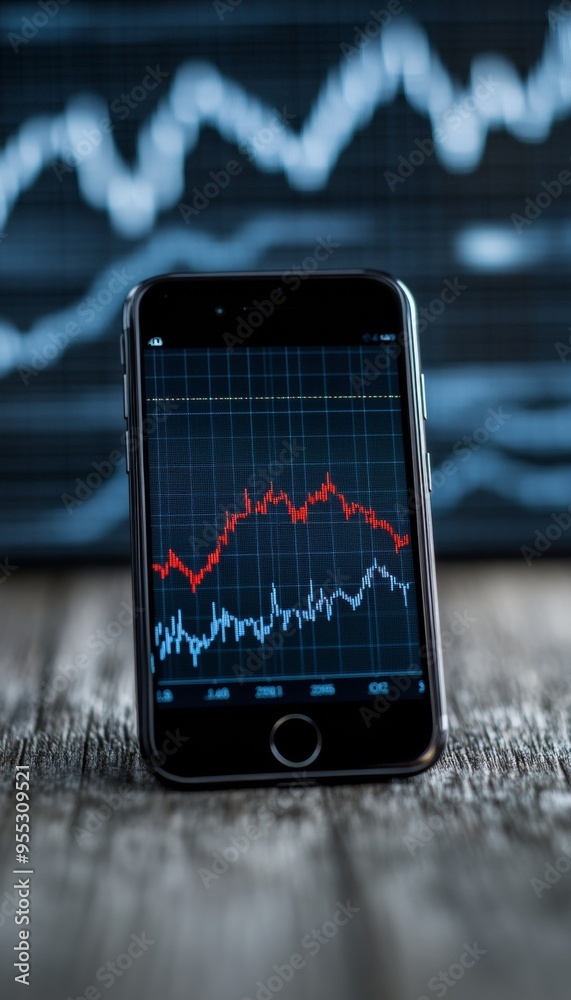 Poster high-definition financial crisis alert on smartphone screen with declining stock graphs and urgent r