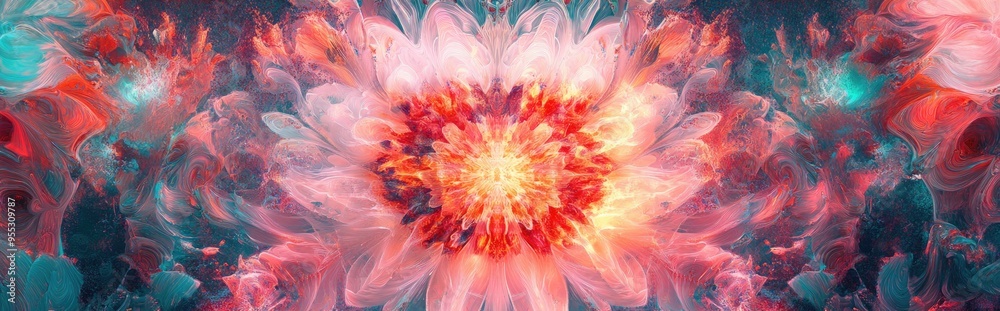 Poster Beautiful mandala in a 3D cartoon rendering Abstract fractal shapes and patterns Infinite universe with mysterious psychedelic relaxation designs Liquid acrylic paints and sacred geometry
