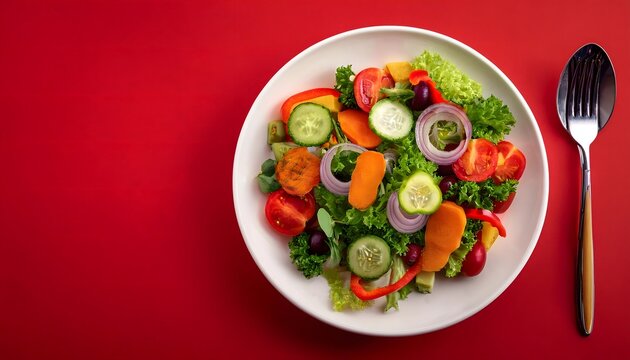 Top view a white plate Special delicious various kinds of vegetable healthy salad  on the red abstract background. Copy Space, World Food Day concepts