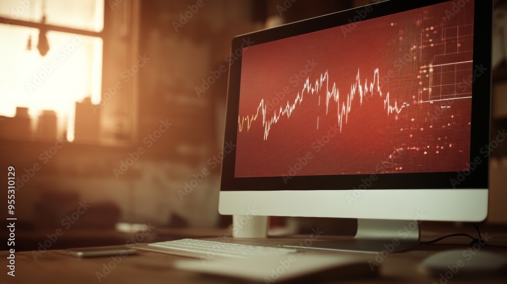 Aufkleber dimly lit room with computer screen displaying falling stock graph indicating financial crisis - eve