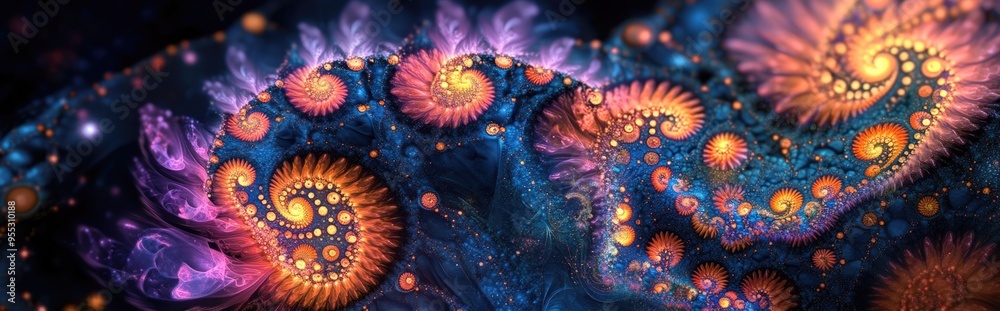 Poster Abstract fractal patterns and shapes in a 3D cartoon rendering Dynamic flowing natural forms featuring flowers and spirals create a mysterious psychedelic relaxation pattern